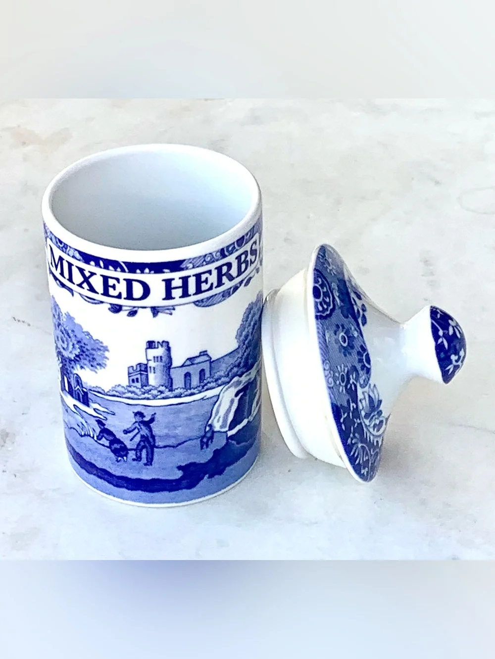 SPODE BLUE ITALIAN  Blue and White 'Mixed Herbs' Ceramic Spice Jar with Lid 4IN